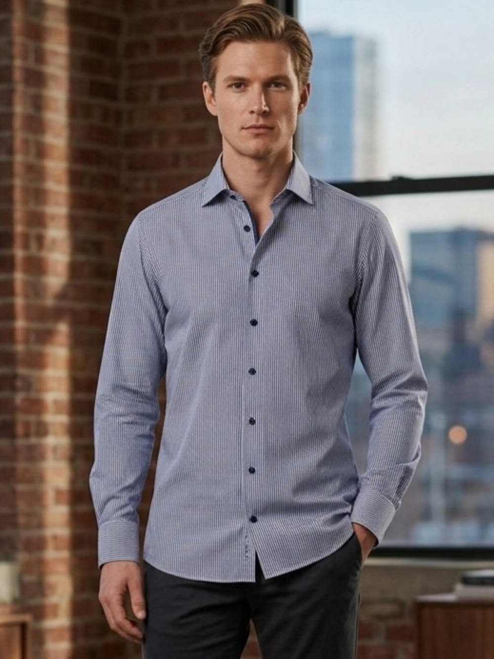 ETON Contemporary Fit Men's Blue White Micro-Stripe Dress Shirt Sz 44/ 17.5